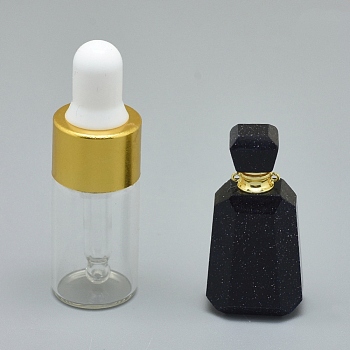 Faceted Synthetic Blue Goldstone Openable Perfume Bottle Pendants, with Brass Findings and Glass Essential Oil Bottles, 30~40x14~18x11~14mm, Hole: 0.8mm, Glass Bottle Capacity: 3ml(0.101 fl. oz), Gemstone Capacity: 1ml(0.03 fl. oz)