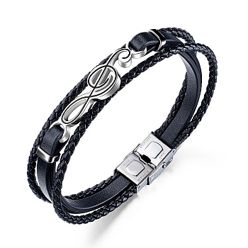 Leather Braided Cords Triple Layer Multi-strand Bracelet, Stainless Steel Musical Note Link Bracelet for Men, Black, 8-5/8 inch(22cm)