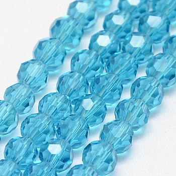 Glass Beads Strands, Faceted(32 Facets), Round, Sky Blue, 8mm, Hole: 1.5mm, about 66~67pcs/strand, 15.12 inch~15.35 inch(38.4~39cm)