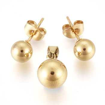 304 Stainless Steel Jewelry Sets, Ball Stud Earrings and Pendants, with Ear Nuts, Golden, 10mm, Hole: 5mm, 17mm, pin: 1mm