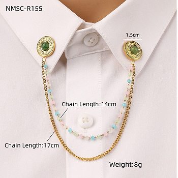 304 Stainless Steel & Dyed Stone Round Hanging Chain Brooch, Golden, Dark Sea Green, 170mm, Brooch: 15mm