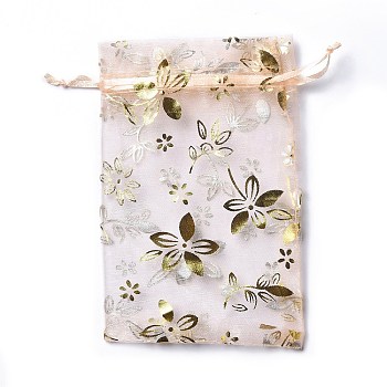 Organza Drawstring Jewelry Pouches, Wedding Party Gift Bags, Rectangle with Gold Stamping Flower Pattern, PeachPuff, 15x10x0.11cm