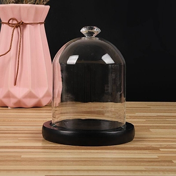 Diamond Shaped Top Clear Glass Dome Cover, Decorative Display Case, Cloche Bell Jar Terrarium with Wood Base, Black, 90x130mm