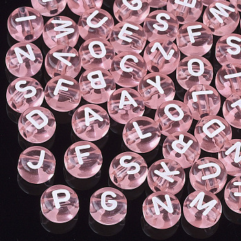 Transparent Acrylic Beads, Horizontal Hole, Mixed Letters, Flat Round, Pink, 7x4mm, Hole: 1.5mm, about 3700pcs/500g