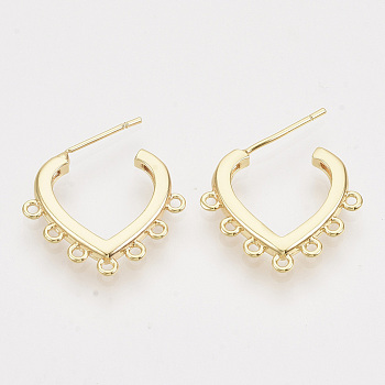 Brass Stud Earring Findings, with Loop, Nickel Free, Heart, Real 18K Gold Plated, 17x19.5x2.5mm, Hole: 1mm, Pin: 0.8mm