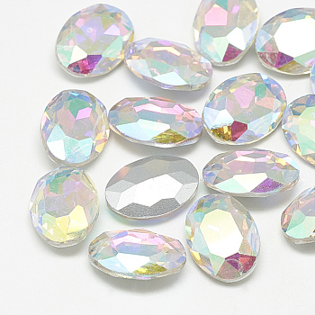 Pointed Back Glass Rhinestone Cabochons, Back Plated, Faceted, Oval, Crystal AB, 25x18x6mm