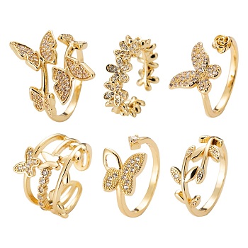 6Pcs 6 Styles Adjustable Brass Micro Pave Clear Cubic Zirconia Cuff Rings, Open Rings, Long-Lasting Plated, Butterfly & Flower & Leafy Branches, Real 16K Gold Plated, Inner Diameter: 17mm, 1pc/style