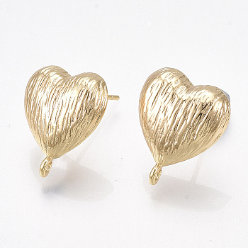 Brass Stud Earring Findings, with Loop, Nickel Free, Real 18K Gold Plated, Heart, 16x13.5mm, Hole: 1.2mm, Pin: 0.8mm