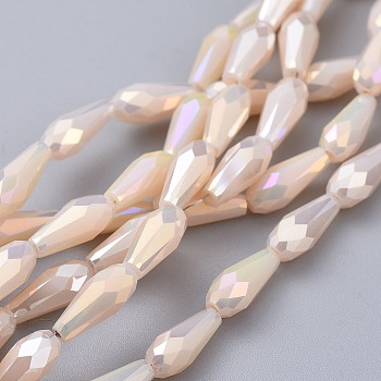 Electroplated Opaque Glass Beads Strands, Full Rainbow Plated, Faceted, Teardrop, Bisque, 9~10x4mm, Hole: 0.8mm, about 70~72pcs/strand, 25.98 inch~27.95 inch(66~71cm)