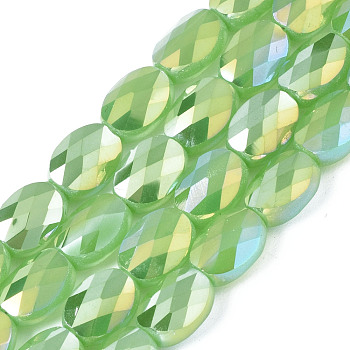 Electroplate Glass Beads Strands, AB Color Plated, Imitation Jade Glass, Oval, Faceted, Green, 8x6.5x4mm, Hole: 1.2mm, about 72pcs/strand, 23.62 inch(60cm)