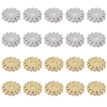 20Pcs 2 Colors Brass Micro Pave Cubic Zirconia Bead Spacers, Flat Round/Gear, Clear, Platinum & Golden, 8x2mm, Hole: 2mm, 10pcs/color