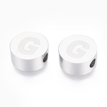 304 Stainless Steel Beads, Flat Round with Letter, Letter.G, 10x4.5mm, Hole: 2mm