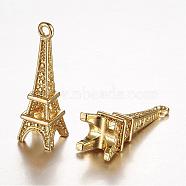 Brass Pendants, Long-Lasting Plated, Real 24K Gold Plated, Eiffel Tower, Lead Free & Cadmium Free,  21.5x6.5x6.5mm, Hole: 1mm(KK-N0108-07G-RS)