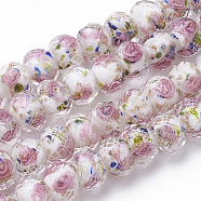 Handmade Gold Sand Lampwork Beads Strands, Inner Flower, Faceted Rondelle, White, 9~10x7~8mm, Hole: 1.5~2mm, about 60pcs/strand, 17.3 inch(LAMP-R141-10mm-12)