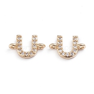Brass Micro Pave Cubic Zirconia Links Connectors, Long-Lasting Plated, Letter, Clear, Real 18K Gold Plated, Letter.U, 7.2x11x2.8mm, Hole: 1.2mm(ZIRC-I042-16G-U)