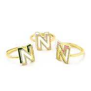 Mixed Color Enamel Initial Letter Adjustable Ring with Clear Cubic Zirconia, Real 18K Gold Plated Brass Jewelry for Women, Cadmium Free & Lead Free, Letter.N, US Size 5 1/4(16mm), Letter.N: 13.2x11.5mm(RJEW-P045-01G-N)