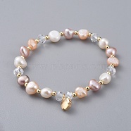Charm Bracelets, with Natural Cultured Freshwater Pearl Beads, Glass Beads, Brass Round Spacer Beads and Brass Pendants, Cross, with Burlap Bags, Seashell Color, 2-1/8 inch(5.3cm)(BJEW-JB04925-01)