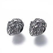 304 Stainless Steel Beads, Lion Head, Antique Silver, 12x11x10mm, Hole: 3mm(STAS-G204-41AS)