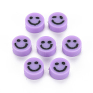 Handmade Polymer Clay Beads, Flat Round with Smiling Face, Lilac, 8~9x4mm, Hole: 1.5mm(CLAY-S096-010E)