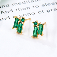 Cubic Zirconia Rectangle Stud Earrings, Golden 925 Sterling Silver Post Earrings, with 925 Stamp, Dark Green, 8.5x5.8mm(GZ2843-5)