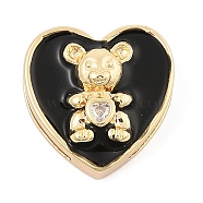 Brass Micro Pave Cubic Zirconia Slide Charms, Long-Lasting Plated, Bear with Enamel Heart, Golden, 15x15x6.5mm, Hole: 4x1.5mm(ZIRC-I068-24G-01)