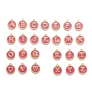 Initial Letter A~Z Alphabet Enamel Charms, Flat Round Disc Double Sided Charms, Golden Plated Enamelled Sequins Alloy Charms, Flamingo, 14x12x2mm, Hole: 1.5mm, 26pcs/set(ENAM-Q437-03)