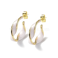 Enamel Twist Stud Earrings, Real 18K Gold Plated Brass Half Hoop Earrings for Women, White, 25x21x9mm, Pin: 0.8mm(EJEW-P214-03G-02)