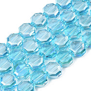 Electroplate Transparent Glass Beads Strands, AB Color Plated, Faceted, Octagon, Sky Blue, 7~8x7~8x4mm, Hole: 1.2mm, about 72pcs/strand, 20.47 inch(52cm)(EGLA-N002-27-C04)