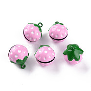 Baking Painted Brass Bell Pendants, Strawberry, Pearl Pink, 21.5x17.5x17mm, Hole: 2mm(KKB-S002-012A)