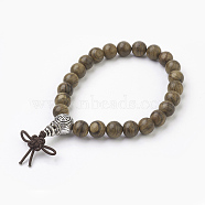 Natural Dyed Round Sandalwood Beads Stretch Bracelets, with Alloy Guru Bead Sets, Burlap Packing, Antique Silver, Coffee, 2 inch(5.1cm), Bag: 12x8.5x3cm(BJEW-JB03844-01)