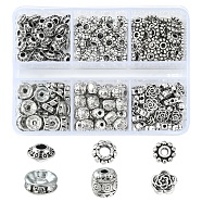 255Pcs 6 Style Iron Rhinestone & Tibetan Style Alloy Spacer Beads, Rondelle & Bicone & Flower & Barrel, Antique Silver, 6~8x3~6mm, Hole: 1~2.5mm(DIY-FS0004-07)