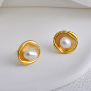 Flat Round Brass & Freshwater Pearl Stud Earrings for Women, Matte Gold Color, 14x14mm(EJEW-G391-04MG)