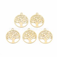 Rack Plating 201 Stainless Steel Filigree Pendants, Etched Metal Embellishments, Nickel Free, Flat Round with Tree of Life, Real 18K Gold Plated, 15.5x13.5x0.4mm, Hole: 1.2mm(X-STAS-T057-49G)