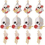 30Pcs 3 Style Halloween Alloy Enamel Pendants, Light Gold, Skull with Rose & Rhombus with Skull & Flower & Butterfly & Awl with Rose, Mixed Color, 30x10~22x1mm, Hole: 2mm, 10pcs/style(ENAM-SC0003-13)
