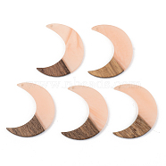 Opaque Resin & Walnut Wood Pendants, Moon, Light Salmon, 38x30x3mm, Hole: 2mm(RESI-S389-056A-C02)
