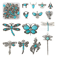 14Pcs 14 Style Tibetan Style Alloy Pendants, with Resin Imitation Turquoise, Donkey/Dragonfly/Butterfly/Cattle, Antique Silver, Mixed Shapes, 25~66.8x21~60mm, 1pc/style(FIND-TA0002-36)