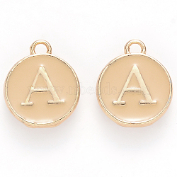 Golden Plated Alloy Enamel Charms, Cadmium Free & Lead Free, Enamelled Sequins, Flat Round with Letter, Wheat, Letter.A, 14x12x2mm, Hole: 1.5mm(X-ENAM-S118-06A)