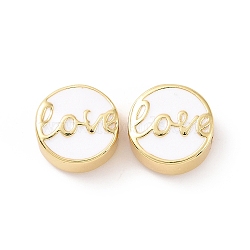 Brass Enamel Beads, Cadmium Free & Lead Free, Long-Lasting Plated, Real 18K Gold Plated, Flat Round with Word Love, White, 12x5.5mm, Hole: 2.5mm(KK-C004-15G-02)