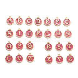 Initial Letter A~Z Alphabet Enamel Charms, Flat Round Disc Double Sided Charms, Golden Plated Enamelled Sequins Alloy Charms, Flamingo, 14x12x2mm, Hole: 1.5mm, 26pcs/set(ENAM-Q437-03)