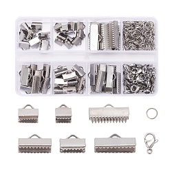 204Pcs DIY Jewelry Making Finding Kit, Including 304 Stainless Steel Ribbon Crimp Ends & Clasps & Open Jump Rings, Stainless Steel Color, 204pcs/box(STAS-YW0001-21)