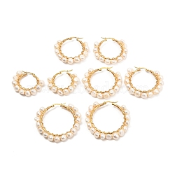 Ring Natural Pearl Beads Hoop Earrings for Girl Women, Golden, WhiteSmoke, 31~47x36~51x7~8.5mm, Pin: 0.6mm, 4pair/set(EJEW-JE04685)