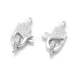 Rhodium Plated 925 Sterling Silver Lobster Claw Clasps, with Cubic Zirconia, with 925 Stamp, Palm, Clear, Platinum, 26mm, Clasp: 20x12.5x4mm, Hole: 1.9mm and 1.5mm(STER-L055-066P)