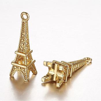 Brass Pendants, Long-Lasting Plated, Real 24K Gold Plated, Eiffel Tower, Lead Free & Cadmium Free,  21.5x6.5x6.5mm, Hole: 1mm