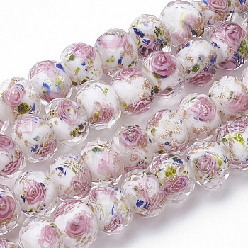 Handmade Gold Sand Lampwork Beads Strands, Inner Flower, Faceted Rondelle, White, 9~10x7~8mm, Hole: 1.5~2mm, about 60pcs/strand, 17.3 inch