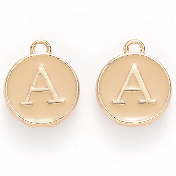 Golden Plated Alloy Enamel Charms, Cadmium Free & Lead Free, Enamelled Sequins, Flat Round with Letter, Wheat, Letter.A, 14x12x2mm, Hole: 1.5mm