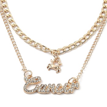 Alloy Double Layered Necklaces, Pendant Necklaces, with Glass Rhinestone, Constellation/Zodiac Sign, Golden, Cancer, Word: 32x11x2.5mm, 16.14 inch(41cm)
