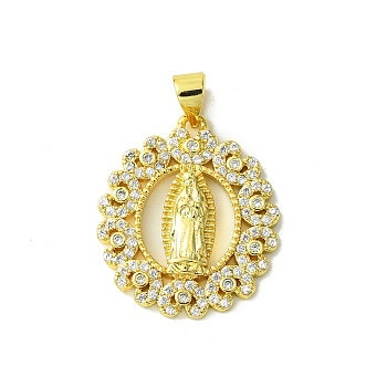 Real 18K Gold Plated Brass Micro Pave Cubic Zirconia Pendants, Oval with Virgin Mary Pattern Charms, Clear, 23.5x20x3mm, Hole: 3.5x4mm