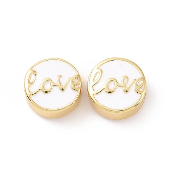 Brass Enamel Beads, Cadmium Free & Lead Free, Long-Lasting Plated, Real 18K Gold Plated, Flat Round with Word Love, White, 12x5.5mm, Hole: 2.5mm
