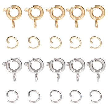 20Pcs 2 Clolors 304 Stainless Steel Smooth Surface Spring Ring Clasps, with 20Pcs 2 Colors 304 Stainless Steel Open Jump Rings, Mixed Color, 5~9x6x0.7~1.5mm, Hole: 1.6~2mm, 10pcs/color