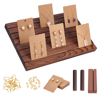 7-Slot Rectangle Wooden Place Earring Display Stands, for Postcards, Earring Display Cards Holder, with Earring Display Cards and Iron Earring Hooks, Sienna, Display Stand: 29x19x2cm